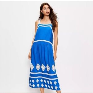 LOFT Women's s Blue Embroidered Midi Swing Dress Sleeveless Casual